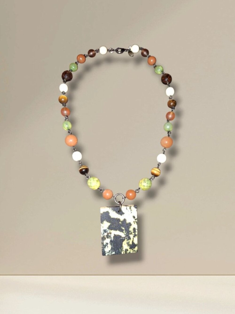 Signed gemstone beaded necklace serpentine pendant carnelian agate etc